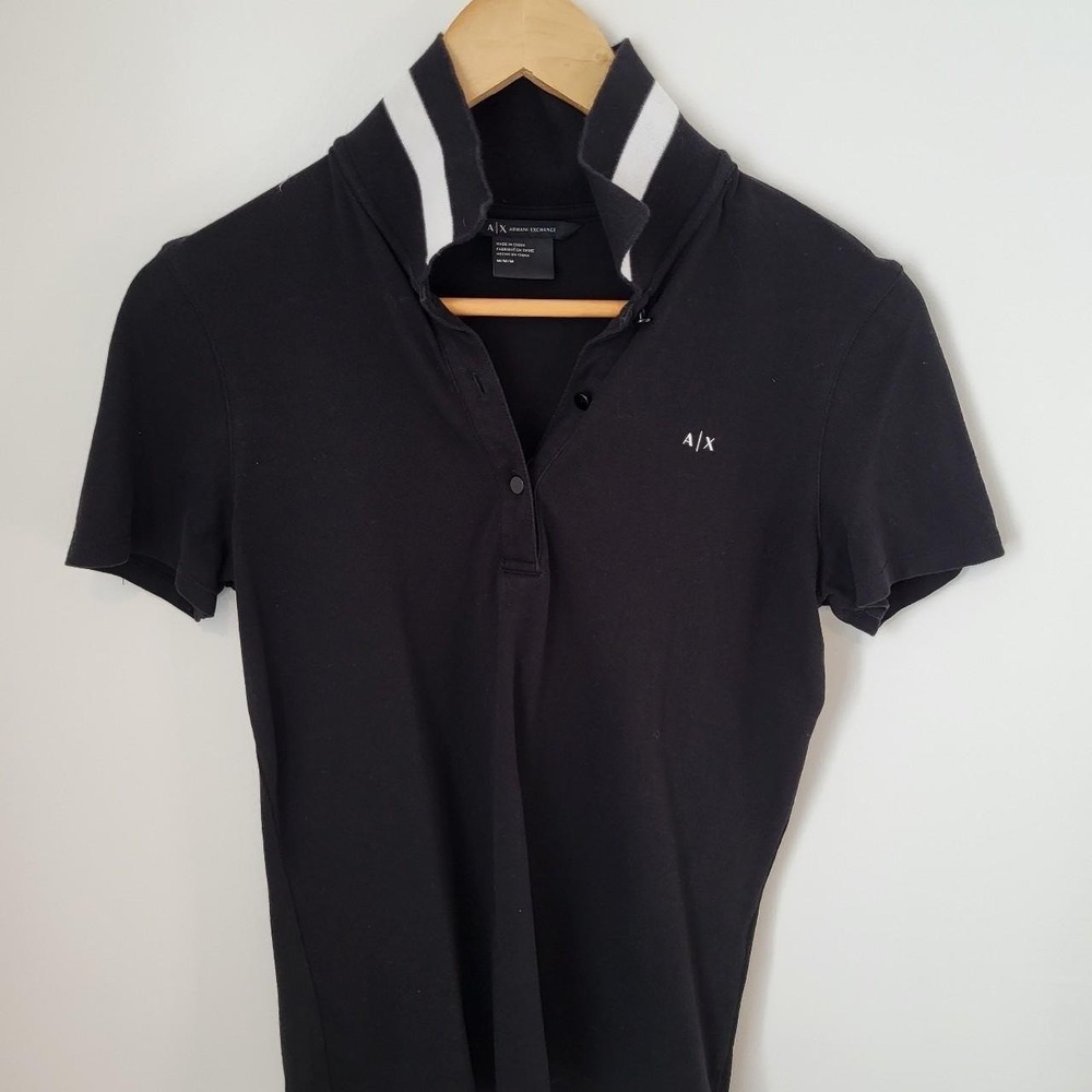 Armani Exchange AX Womens Black Pique Polo Shirt Striped Collar Logo Medium